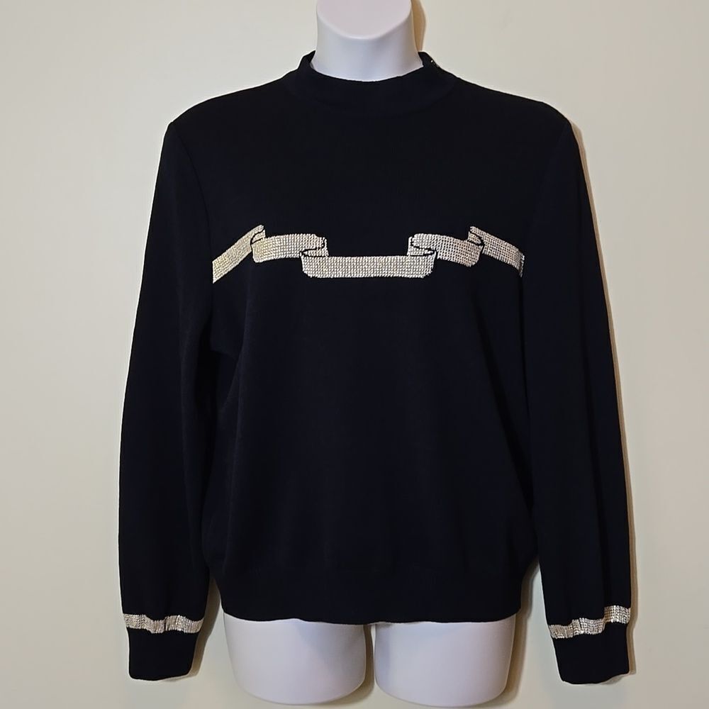 St. John Santana Knit Sweater Size‎ L Ribbon Mock Neck